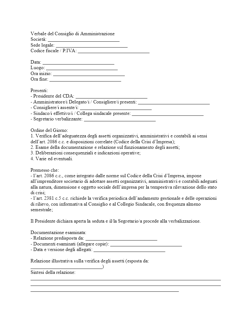 Verbale CDA adeguati assetti organizzativi Verbale CDA adeguati assetti organizzativi
