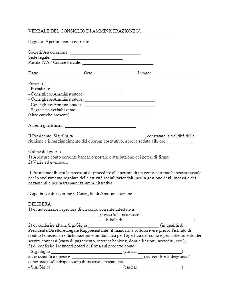 Verbale CDA apertura conto corrente Verbale CDA apertura conto corrente