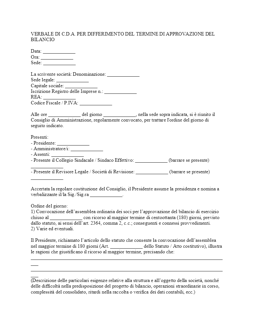 Verbale CDA differimento termine approvazione bilancio Verbale CDA differimento termine approvazione bilancio