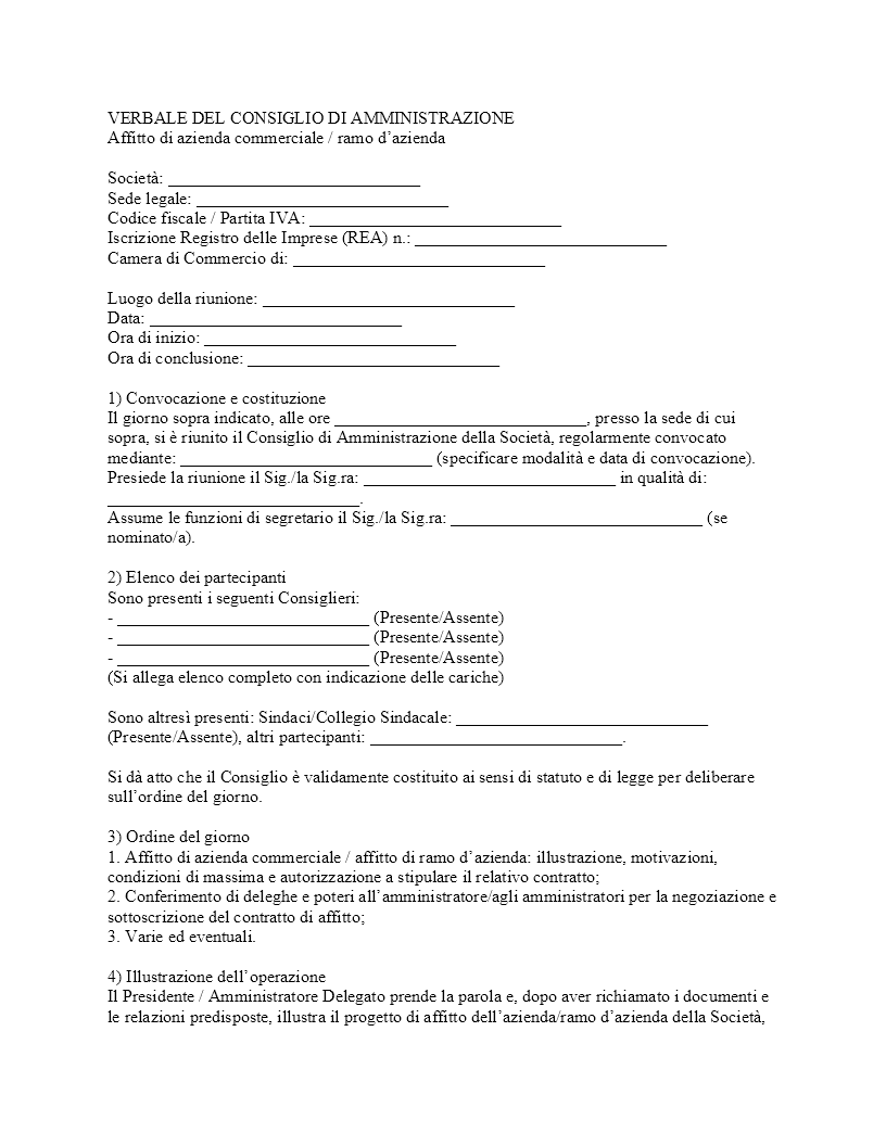 Verbale CDA affitto di azienda commerciale​