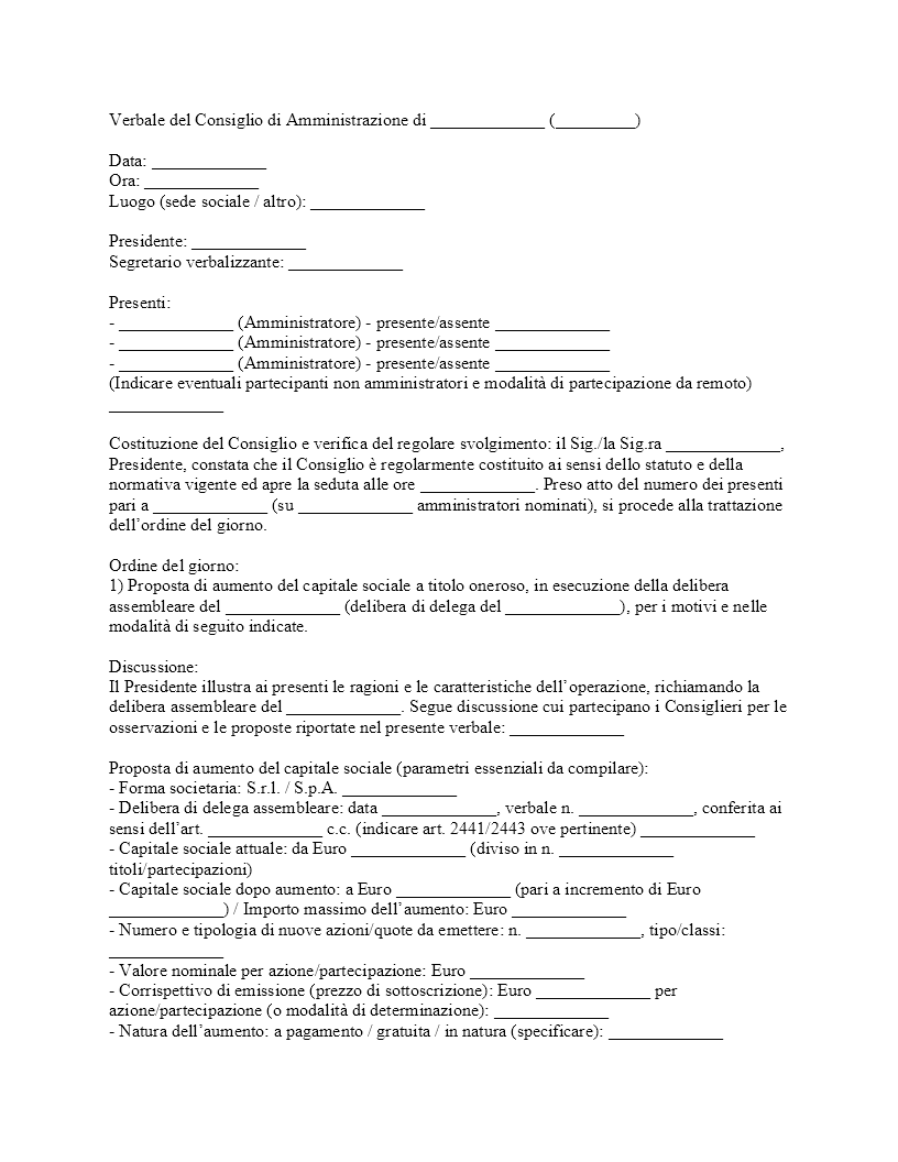 Verbale CDA proposta aumento capitale sociale Verbale CDA proposta aumento capitale sociale